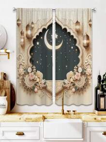 2 件开斋节穆装饰窗帘，杆袋，半透明，120 克密织，梦幻星空和东方氛围，月亮和星星图案，家居装饰 - 彩色 - 查看 9