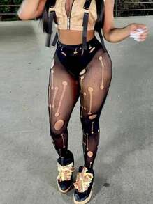 Europäischer & amerikanischer Stil Damen Sommer Neu Sexy Mesh Transparente Cut Out Hohe Taille Eng Lang Lässig Hose, Große Größen