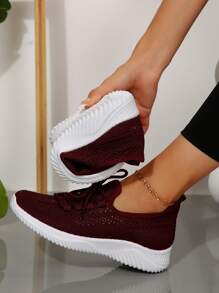 1 Paar Damen Sport Stil runde Zehenpartie gestrickte Freizeitschuhe, atmungsaktiv Niedrig-Top, flacher Absatz, bequem & leicht, Große Größen