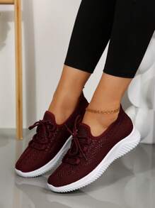 1 Paar Damen Sport Stil runde Zehenpartie gestrickte Freizeitschuhe, atmungsaktiv Niedrig-Top, flacher Absatz, bequem & leicht, Große Größen