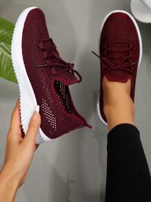 1 Paar Damen Sport Stil runde Zehenpartie gestrickte Freizeitschuhe, atmungsaktiv Niedrig-Top, flacher Absatz, bequem & leicht, Große Größen