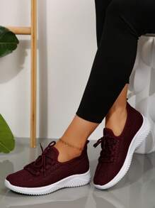 1 Paar Damen Sport Stil runde Zehenpartie gestrickte Freizeitschuhe, atmungsaktiv Niedrig-Top, flacher Absatz, bequem & leicht, Große Größen