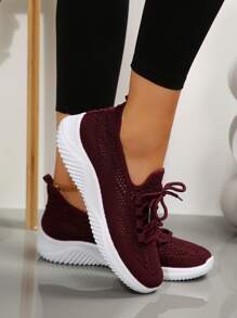 1 Paar Damen Sport Stil runde Zehenpartie gestrickte Freizeitschuhe, atmungsaktiv Niedrig-Top, flacher Absatz, bequem & leicht, Große Größen