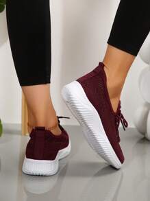 1 Paar Damen Sport Stil runde Zehenpartie gestrickte Freizeitschuhe, atmungsaktiv Niedrig-Top, flacher Absatz, bequem & leicht, Große Größen