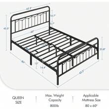 Queen Size Metal Bed Frames With Vintage Headboard And Footboard, Farmhouse Metal Platform Bed, Heavy Duty Steel Slat Support, Ample Under-Bed Storage, No Box Spring Needed, Black - 黑色 - 查看 2