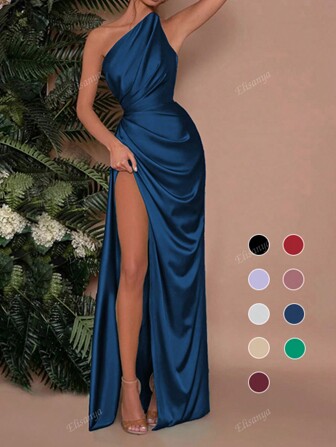 Elisanya WOWDARK Damen Frühlings-Einfarbiges elegantes Kleid mit asymmetrischem Ausschnitt, geraffter Silhouette und Schlitz, Partykleid, Kleid für Hochzeitsgäste