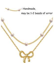2 件金色仿珍珠项链和蝴蝶结项链多层项链女士金色蝴蝶结项链简约情人节 - 彩色 - 查看 10