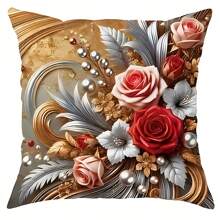 4 件春季奢华花卉和树叶图案枕套套装，红色、金色和银色，18x18 英寸，带拉链开合，易于护理，非常适合客厅和卧室装饰（不含枕芯） - 彩色 - 查看 16