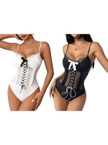 Women's Y2K Lace Trim Sheer Mesh Cute Bow Sexy V-Neck Lace Up Spaghetti Strap Bodysuit Sleeveless Going Out Cami Tops