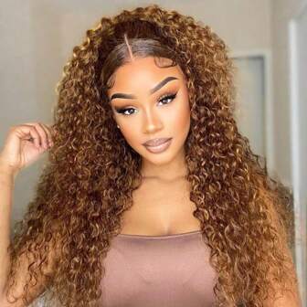 CUEKI 4/27 Highlight 13x4 Lace Front Wigs 60% Human Hair Wig Curly Wave Ombre Honey Blonde HD Lace Front Wig Pre Plucked 180 Density 26 Inch Frontal Wig Colored