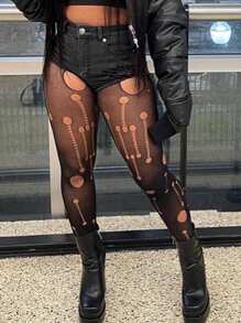 Europäischer & amerikanischer Stil Damen Sommer Neu Sexy Mesh Transparente Cut Out Hohe Taille Eng Lang Lässig Hose, Große Größen