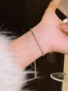 1件装奢华小众设计高端百搭闺蜜饰品幸运彩虹糖果多巴胺手链，水晶颜色/数量随机 - 金黃色 - 查看 2