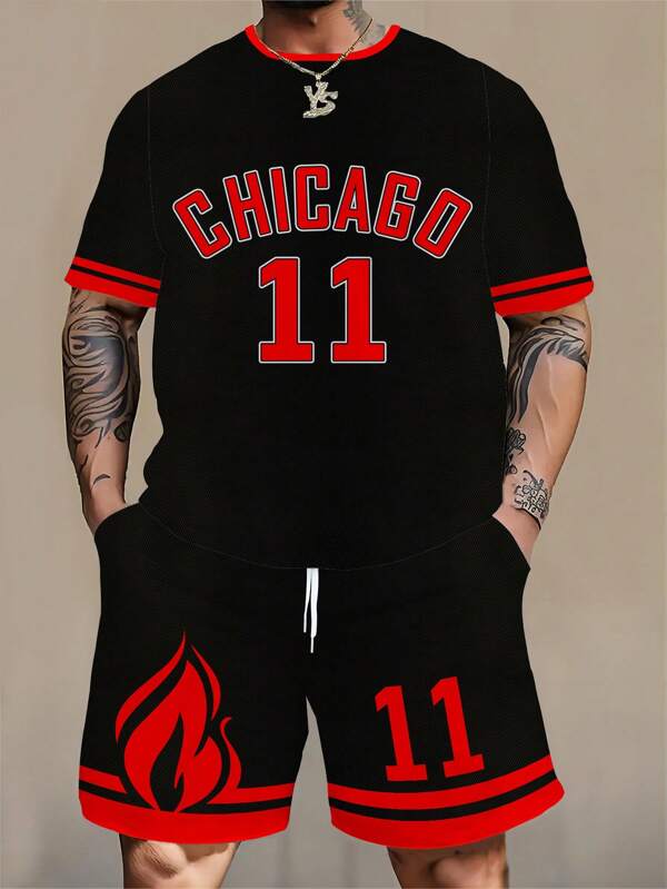 2pcs/Set Plus Size Men's Casual Sports Style Chicago 11 Graphic T-Shirt Set, Suitable For All Seasons