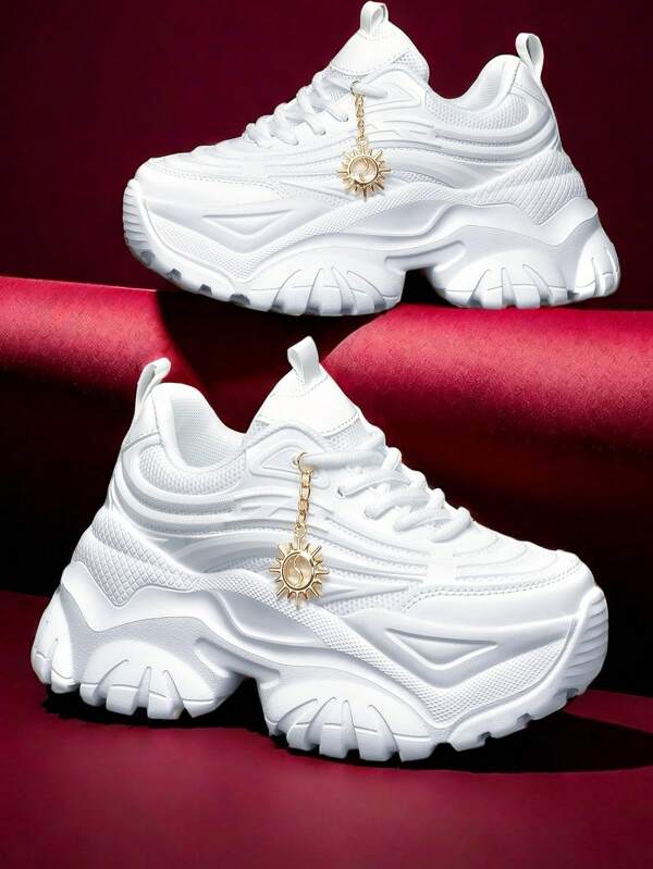 Women's Fashionable Casual Sports Shoes, White Platform High Heels With Metal Sunflower Decor Hanging Chain, Summer Breathable Quick-Dry Mesh Fabric Lightweight Shock-Absorbing Round Toe Lace-Up Shoes For Daily, Dating, Workout, Office, Outdoor, Autumn/Winter Anti-Slip Wear-Resistant 6CM Wedge Platform Sporty Sneakers