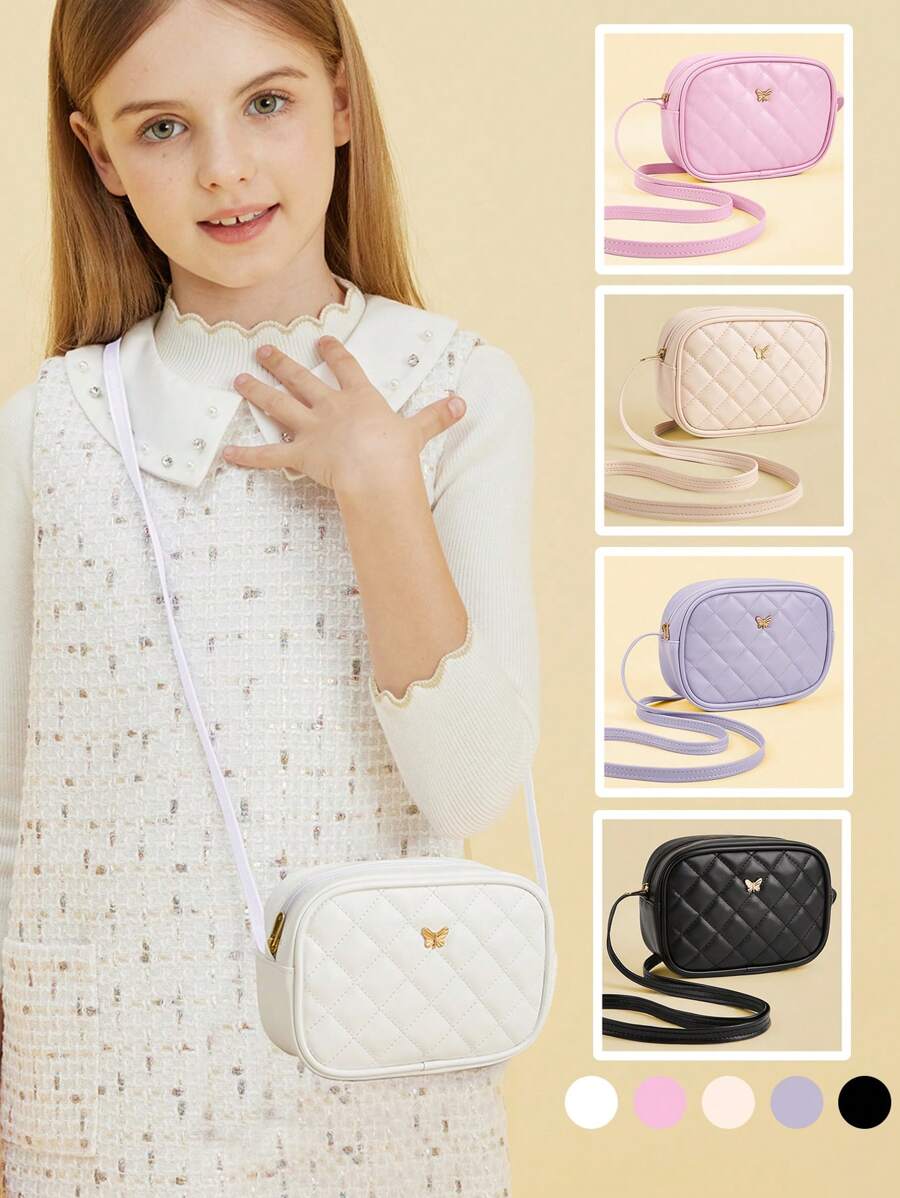 1pc Girls' Metal Bowknot Diamond Grid Stitching Simple Versatile Lightweight Shoulder Crossbody Bag - White - View 1