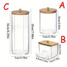 Set de 3 soportes para hisopos, caja de almacenamiento de plástico transparente con tapas de bambú natural, organizador de baño elegante para almohadillas de maquillaje, hisopos, palillos dentales, dispensador de hisopos, tarros de baño, latas de plástico transparente, organizador de maquillaje, accesorios de baño, suministros de organización y almacenamiento para el hogar