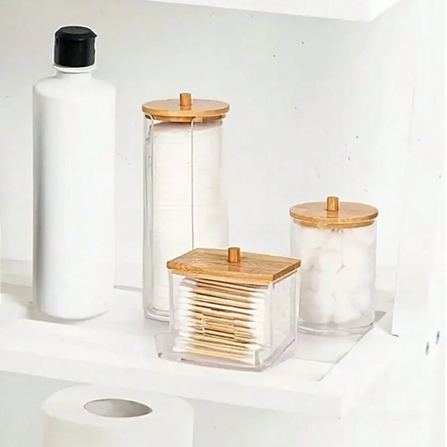 Set de 3 soportes para hisopos, caja de almacenamiento de plástico transparente con tapas de bambú natural, organizador de baño elegante para almohadillas de maquillaje, hisopos, palillos dentales, dispensador de hisopos, tarros de baño, latas de plástico transparente, organizador de maquillaje, accesorios de baño, suministros de organización y almacenamiento para el hogar