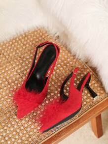 Women's Popular Red High Heels For Work, New Autumn/Winter Design Pointed-Toe Thin Heels, Velvet With Faux Fur Lining Inside, Closed Toe, Comfortable Slip-On