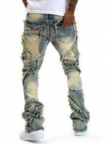 Men's Pocket Edge Distressed Stretch Skinny Flare Jeans, Emo Style - Yellow - View 3