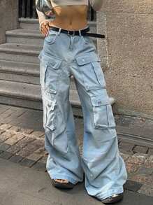 Y2K Streetwear Multi-Pocket Cotton Straight Leg Heavy Industry Cargo Jeans Loose Wide-Leg Denim Pants Music Festival