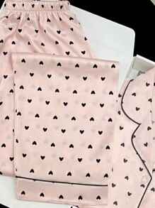 Women's Pajama Set, Satin Premium Feeling Pajamas, Lapel Heart All Over Print Women's Pajamas, Comfortable Skinny Women's Pajamas - Perfect Gift For Her!
