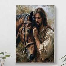 Rustic Charm Canvas Art - Vibrant Jesus & Horse Print On Wooden Frame, Ready-To-Hang Wall Decor For Living Room, Bedroom, Office, And Kitchen With Distressed Finish And Nature-Inspired Design