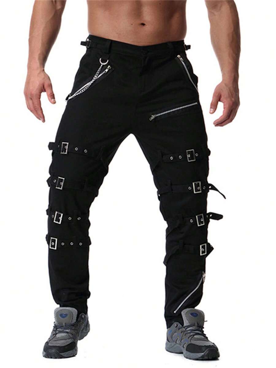 Men`S Urban Steampunk Gothic Hip Hop Punk Rock Pants With Chain - Black - View 1