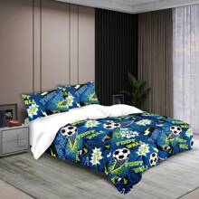 Juego de edredón de 3 piezas con estampado de elementos deportivos de fútbol, suave, cómodo, cálido, antiperfilado, lavable a máquina, estilo para las cuatro estaciones, sin relleno, 1 edredón + 2 fundas de almohada