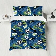 Juego de edredón de 3 piezas con estampado de elementos deportivos de fútbol, suave, cómodo, cálido, antiperfilado, lavable a máquina, estilo para las cuatro estaciones, sin relleno, 1 edredón + 2 fundas de almohada