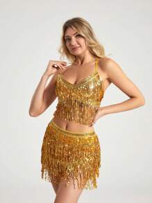 Glitzer-Pailletten-Quasten-Kleid-Sets für Frauen, 2-Teiler Outfit bestehend aus enganliegendem Trägertop und Minirock, funkelnder Fransen-Anzug