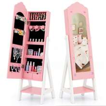 Homasis Kids Jewelry Cabinet Standing Children Jewelry Organizer W/ Full-Length Mirror Pink - 粉色 - 查看 1