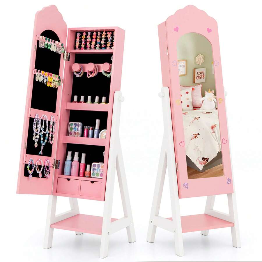 Homasis Kids Jewelry Cabinet Standing Children Jewelry Organizer W/ Full-Length Mirror Pink - 粉色 - 查看 1