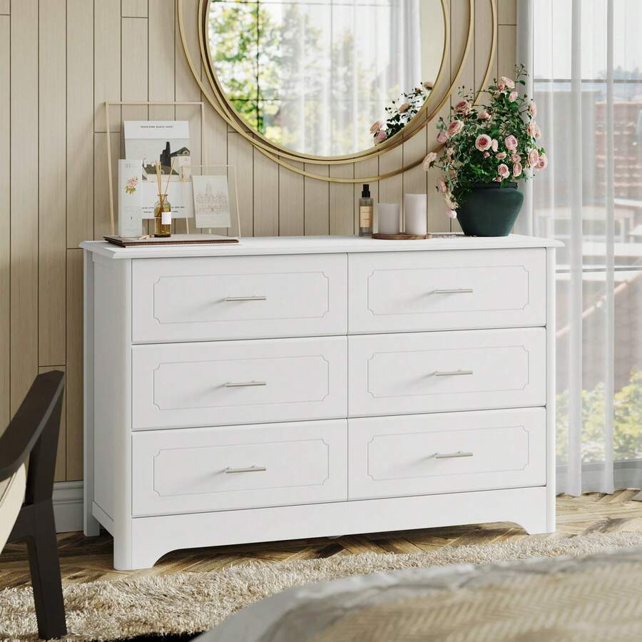 Double Dresser With 6 Drawer, White Horizontal Dresser Chest For Bedroom Room - White - View 1
