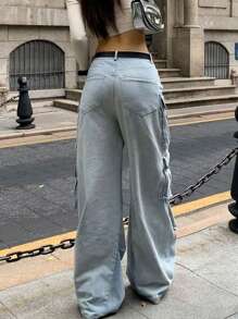 Y2K Streetwear Multi-Pocket Cotton Straight Leg Heavy Industry Cargo Jeans Loose Wide-Leg Denim Pants Music Festival