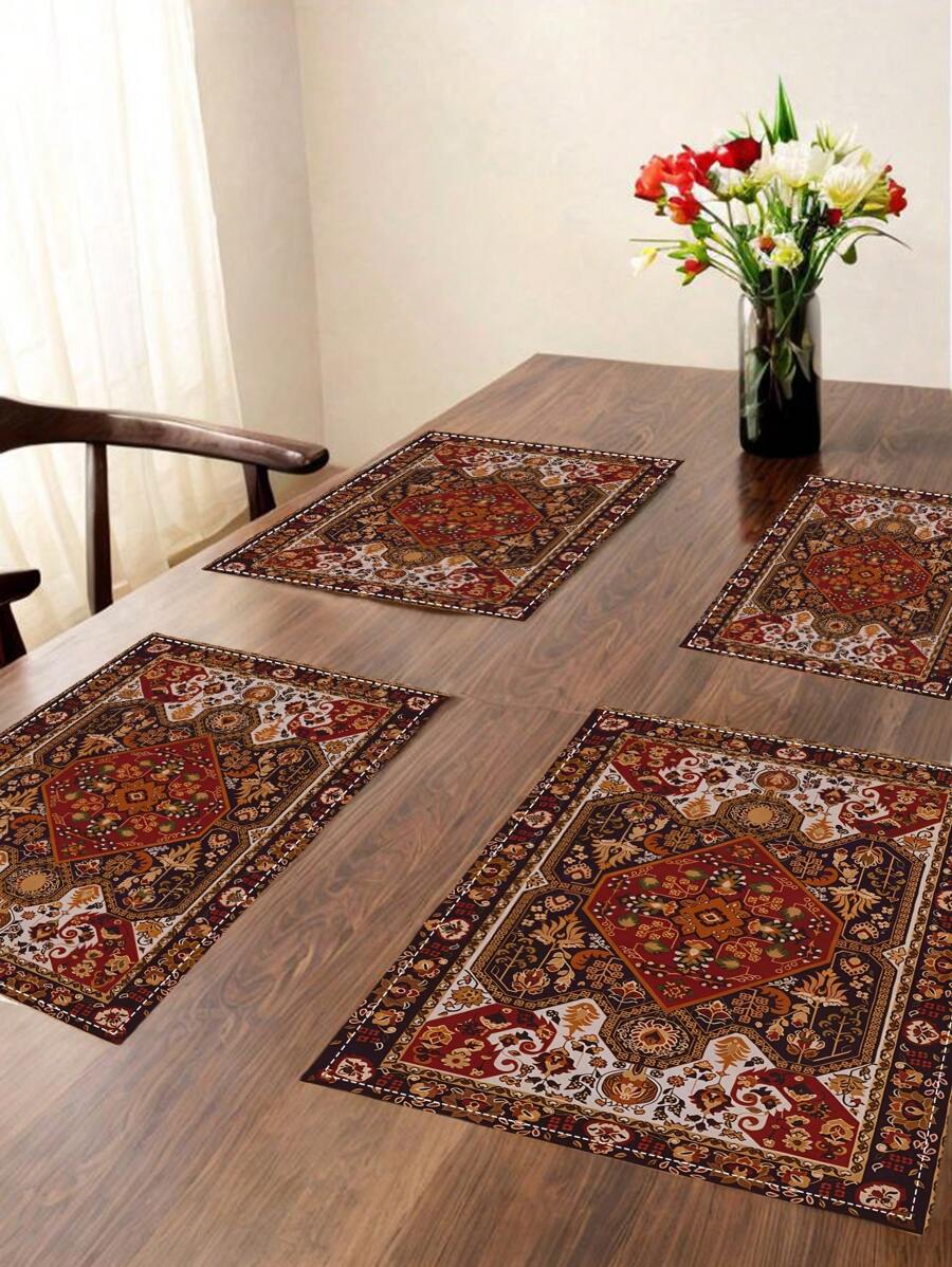 4 Piezas Manteles Individuales Geométricos de Estilo Bohemio con Patrón Alfombra Rojo y Gris, Estilo Retro Geométrico para Granja, Resistentes al Calor, Decorativos, Lavables, para Mesa de Comedor, Terraza, Fiesta de Té, Cocina del Hogar - Rojo - Ver 1
