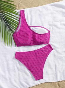 Conjunto de bikini de tela especial colorida con cuello asimétrico, ropa de baño para vacaciones de primavera, para el verano