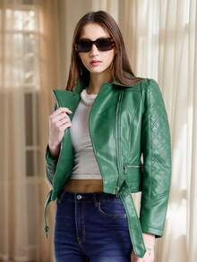 Gentle Style Lingge Quilted Cotton Small Edition Padded Coat For Women Spring With Waist Belt And Waist Padded Coat - Army Green - View 2