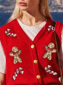 Chaleco de punto con cuello en V para mujer, estilo navideño, sin mangas, con lentejuelas bordadas y botones. - Rojo - Ver 7