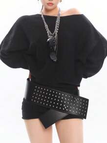 美国 Y2K 赛博朋克女式重型铆钉腰带，宽款整件式嘻哈朋克风格可调节带扣腰带，适合连衣裙、牛仔裤和日常穿着 - 超寬重工鉚釘大直片 - 查看 4