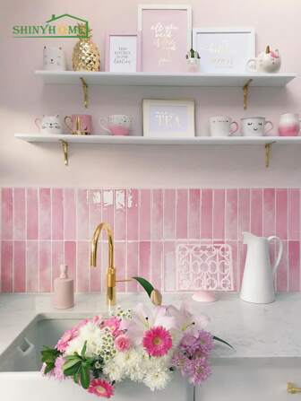 1/10/30pcs Pink Brick Pattern Imitation Tile Self-Adhesive Wall Stickers, Peel And Stick Wall Tile, Waterproof Wallpaper For Living Room Kitchen Backsplash Bathroom Home,Zellige Style
