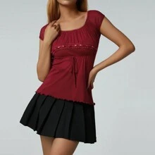Women Y2k Fairy Grunge Shirts Short Sleeve See Through Lace Trim Square Neck T-Shirt Vintage Aesthetic Goth Crop Tees Tops - 紅色 - 查看 4