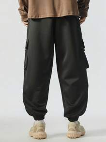 3pcs Plus Size Cargo Pants, Loose Fit Solid Color Drawstring Waist Sports Trousers, Multi-Pocket Workwear, Suitable For All Seasons, Fall Clothes