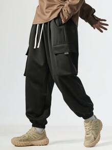 3pcs Plus Size Cargo Pants, Loose Fit Solid Color Drawstring Waist Sports Trousers, Multi-Pocket Workwear, Suitable For All Seasons, Fall Clothes