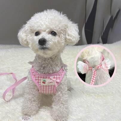 Cute Plaid Dog Chest Strap With Small Wing Decorations, Cute And Fun Pet Harness With Leash