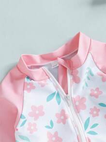 2 Stück Baby Mädchen Badeanzug Rash Guard Einteiler Langarm mit Blumenprint, Baby Volant Badeanzug Schwimmanzug mit Badekappe Set
