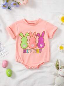 可爱彩色兔子印花橙色婴儿连体衣，萌萌粉色婴儿连体衣，送给宝宝的完美礼物