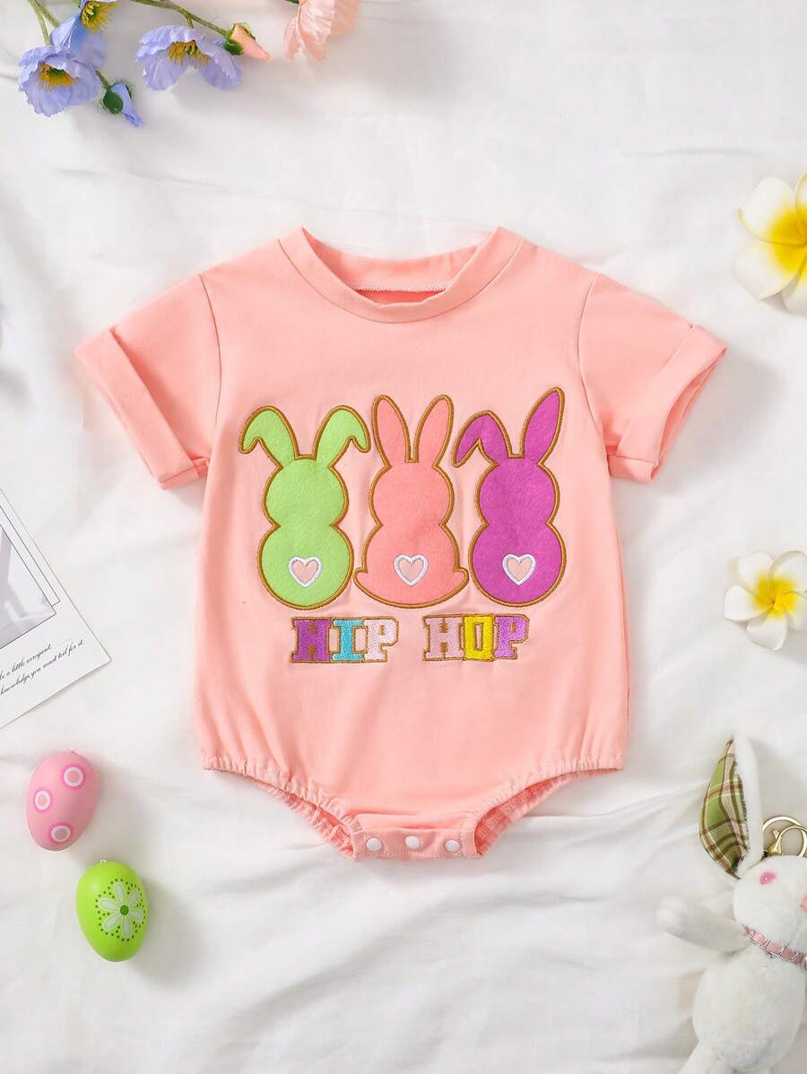 可爱彩色兔子印花橙色婴儿连体衣，萌萌粉色婴儿连体衣，送给宝宝的完美礼物