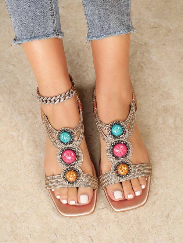 Damen Sandalen mit Keilabsatz, Frühling/Sommer neue sortierte Farben mit Strass Dekor im Retro Stil, geeignet für den täglichen Gebrauch, Urlaub, Strand, Elastic Band Slip-On Flats