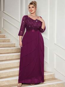 Plus V Neck Sequin Floral Lace Ruffle Trim Chiffon Hem Evening Party Maxi Dress, Elegant Prom Formal Wedding Guest Dress, New Year Dress, Winter Dress, For Graduation, Birthday, Homecoming - Maroon - View 8