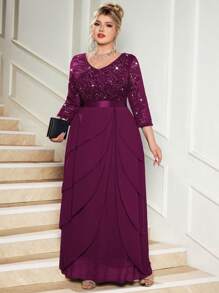 Plus V Neck Sequin Floral Lace Ruffle Trim Chiffon Hem Evening Party Maxi Dress, Elegant Prom Formal Wedding Guest Dress, New Year Dress, Winter Dress, For Graduation, Birthday, Homecoming - Maroon - View 6